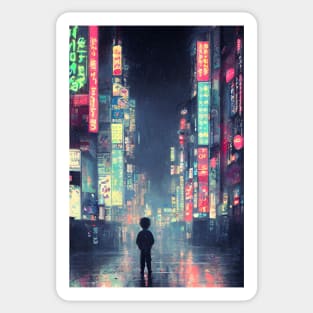 Hero Enters Tokyo Neon Rainy Anime Japan Sticker